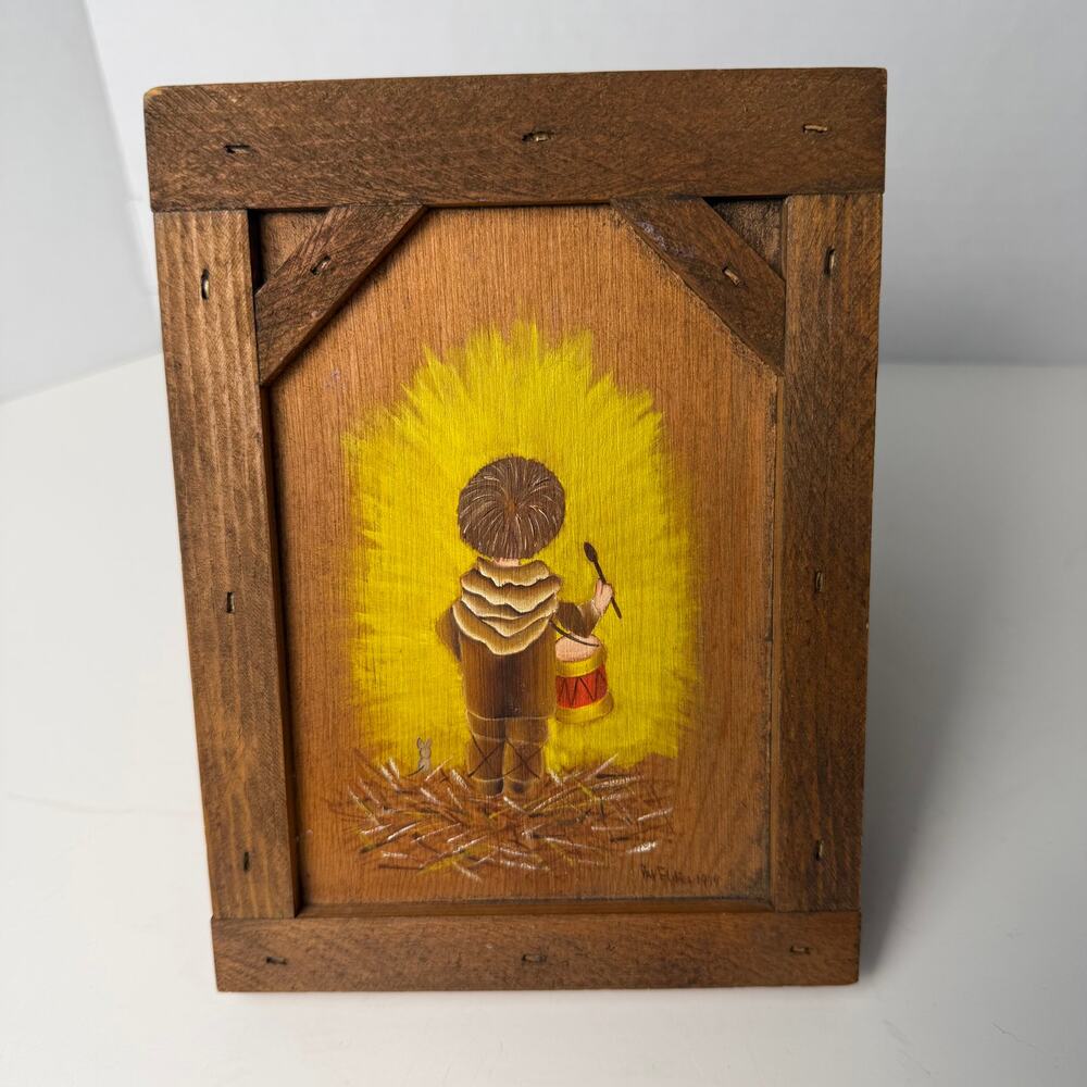 VTG Folk Art Little Drummer‎ Boy Painting on Wood Signed 1900s Framed Primitive